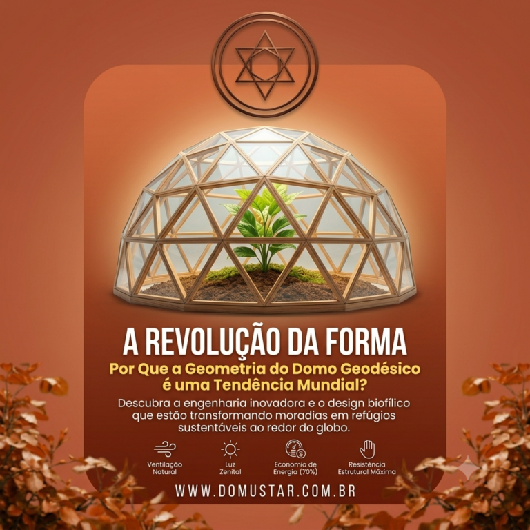 Arte promocional da Domustar com paleta de cores terracota para o artigo "A Revolução da Forma". Exibe no centro um domo geodésico estruturado em madeira e vidro com uma planta verde em crescimento no interior. Apresenta o logotipo geométrico no topo, textos explicativos sobre design biofílico e engenharia inovadora, além de ícones técnicos de sustentabilidade na base, emoldurado por folhagens em tons outonais nas bordas.