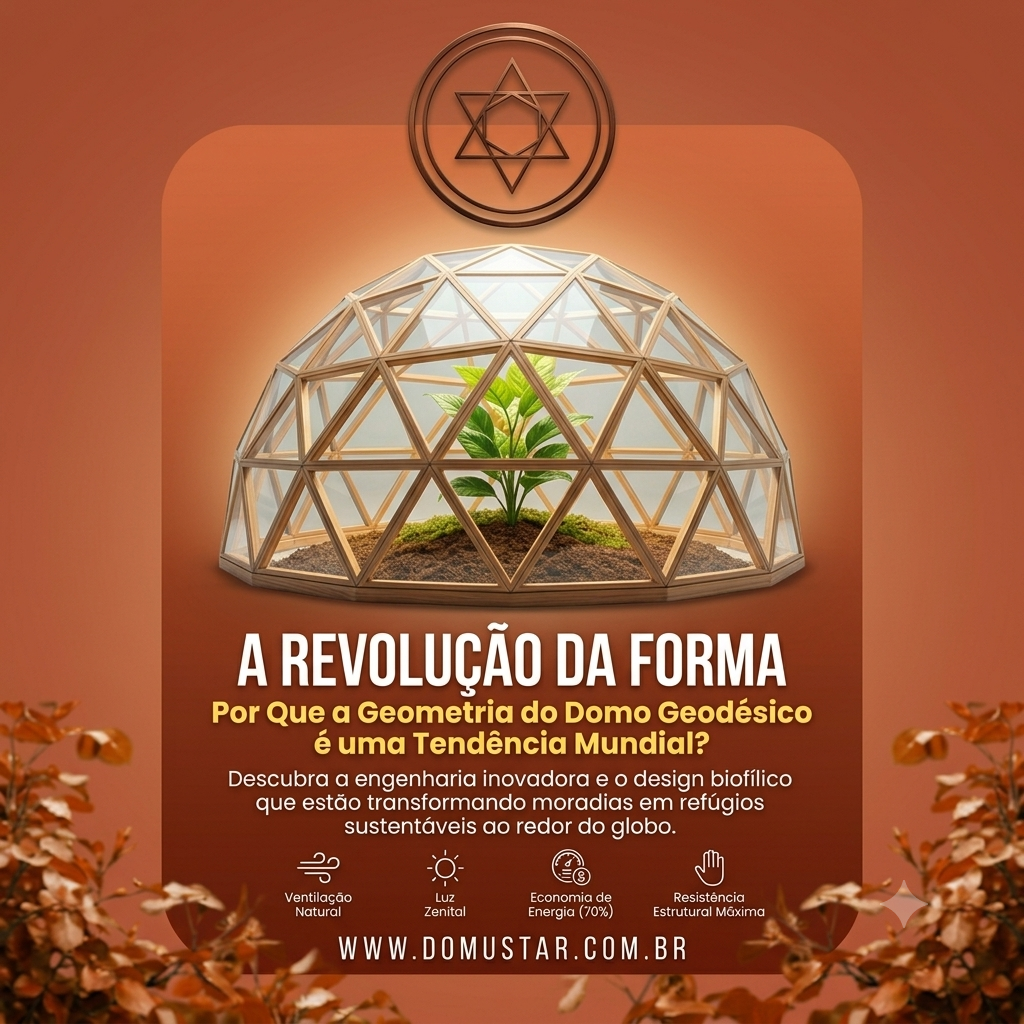 Arte promocional da Domustar com paleta de cores terracota para o artigo "A Revolução da Forma". Exibe no centro um domo geodésico estruturado em madeira e vidro com uma planta verde em crescimento no interior. Apresenta o logotipo geométrico no topo, textos explicativos sobre design biofílico e engenharia inovadora, além de ícones técnicos de sustentabilidade na base, emoldurado por folhagens em tons outonais nas bordas.