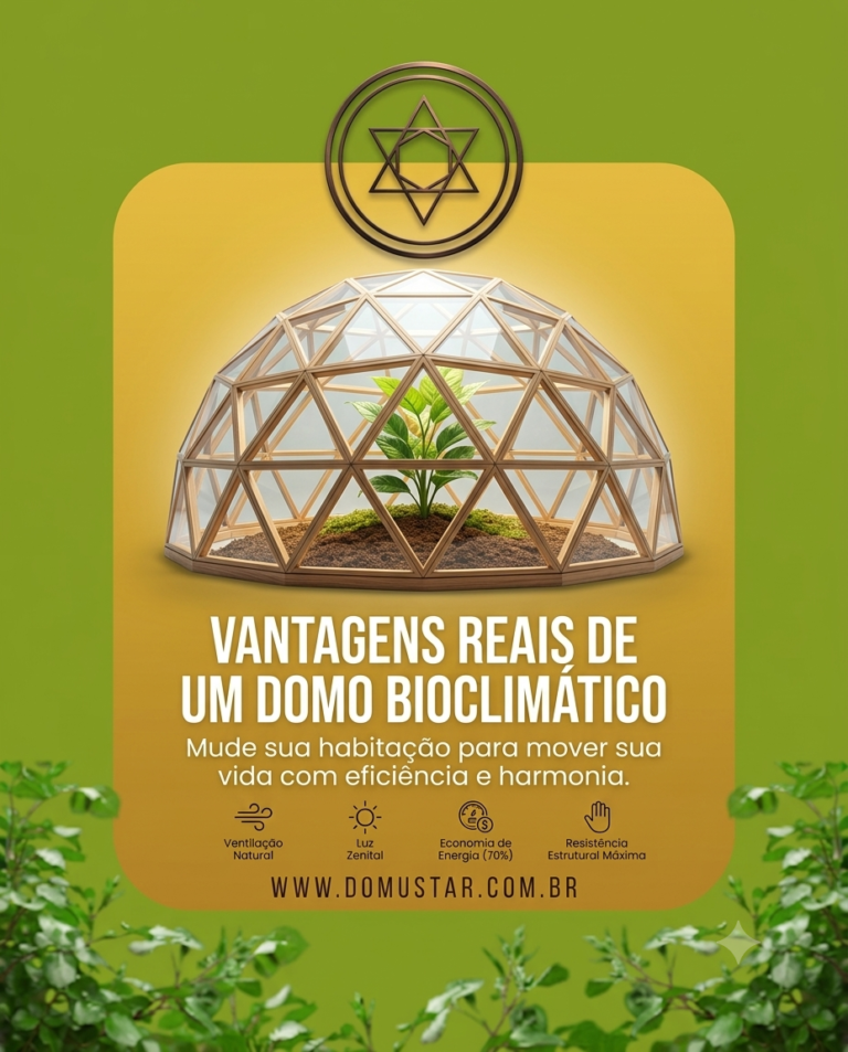 Arte promocional da Domustar sobre as vantagens do domo geodésico bioclimático. A imagem exibe uma estrutura esférica de madeira e vidro com uma planta crescendo em seu interior, sobre um fundo gradiente verde e amarelo com folhagens. No topo está o logotipo geométrico da marca e abaixo os textos sobre eficiência, economia de energia e resistência estrutural.
