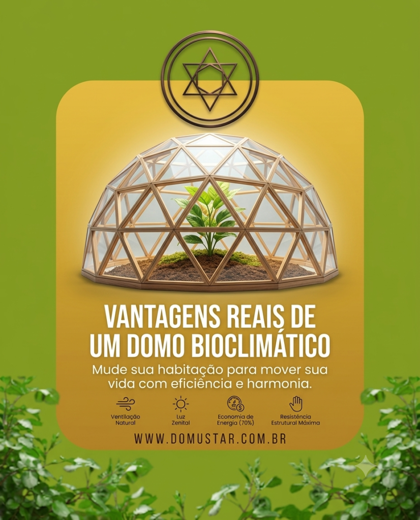 Arte promocional da Domustar sobre as vantagens do domo geodésico bioclimático. A imagem exibe uma estrutura esférica de madeira e vidro com uma planta crescendo em seu interior, sobre um fundo gradiente verde e amarelo com folhagens. No topo está o logotipo geométrico da marca e abaixo os textos sobre eficiência, economia de energia e resistência estrutural.